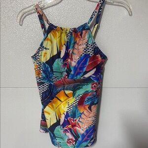 Hapari Blue and Red Tankini Top with Tropical Print